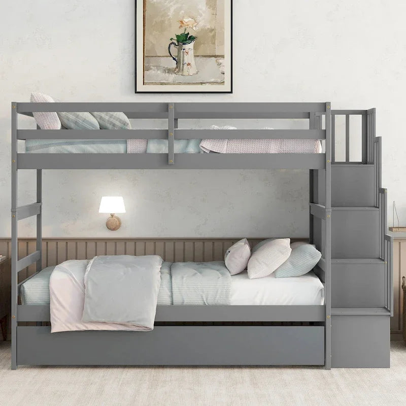 Letto a castello singolo su singolo con letto estraibile singolo e vano portaoggetti integrato nella scala, colore grigio