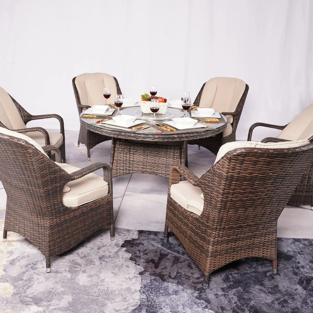 7-elementowy okrągły zestaw jadalniany na taras z rattanu syntetycznego, z poduszkami, Moda Furnishings