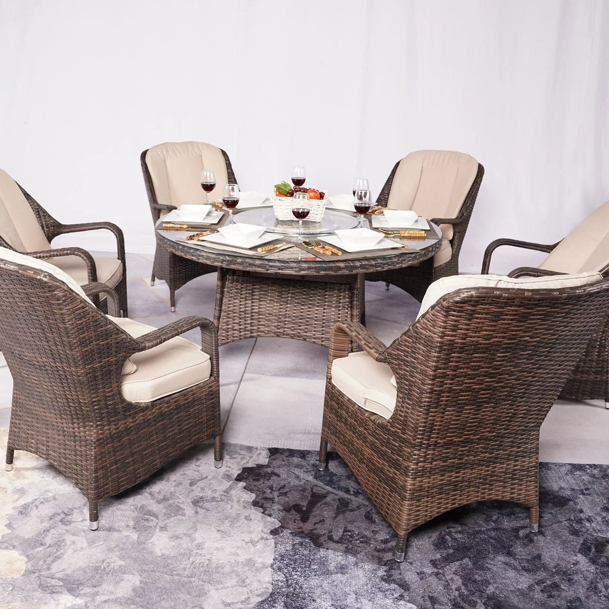 7-elementowy okrągły zestaw jadalniany na taras z rattanu syntetycznego, z poduszkami, Moda Furnishings