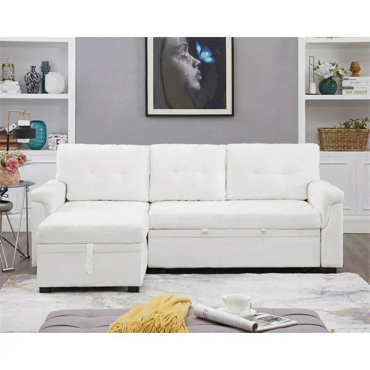 Divano componibile reversibile trasformabile con letto estraibile, chaise longue con contenitore nascosto e gambe resistenti