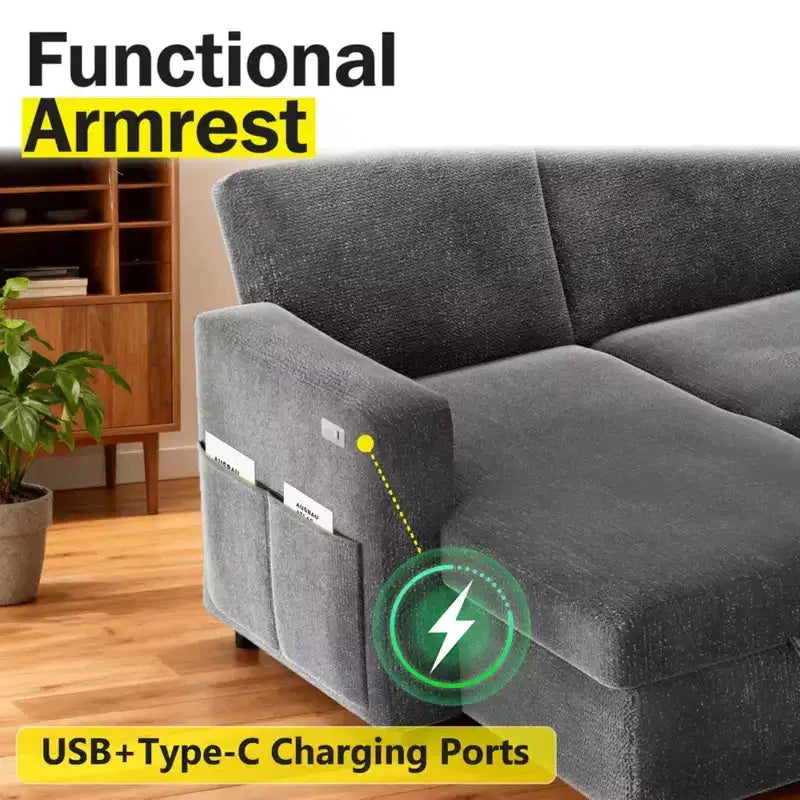 2-in-1-Ausziehsofa mit Stauraum und Ottomane, Chenille-Ecksofa mit USB-Anschlüssen für das Wohnzimmer