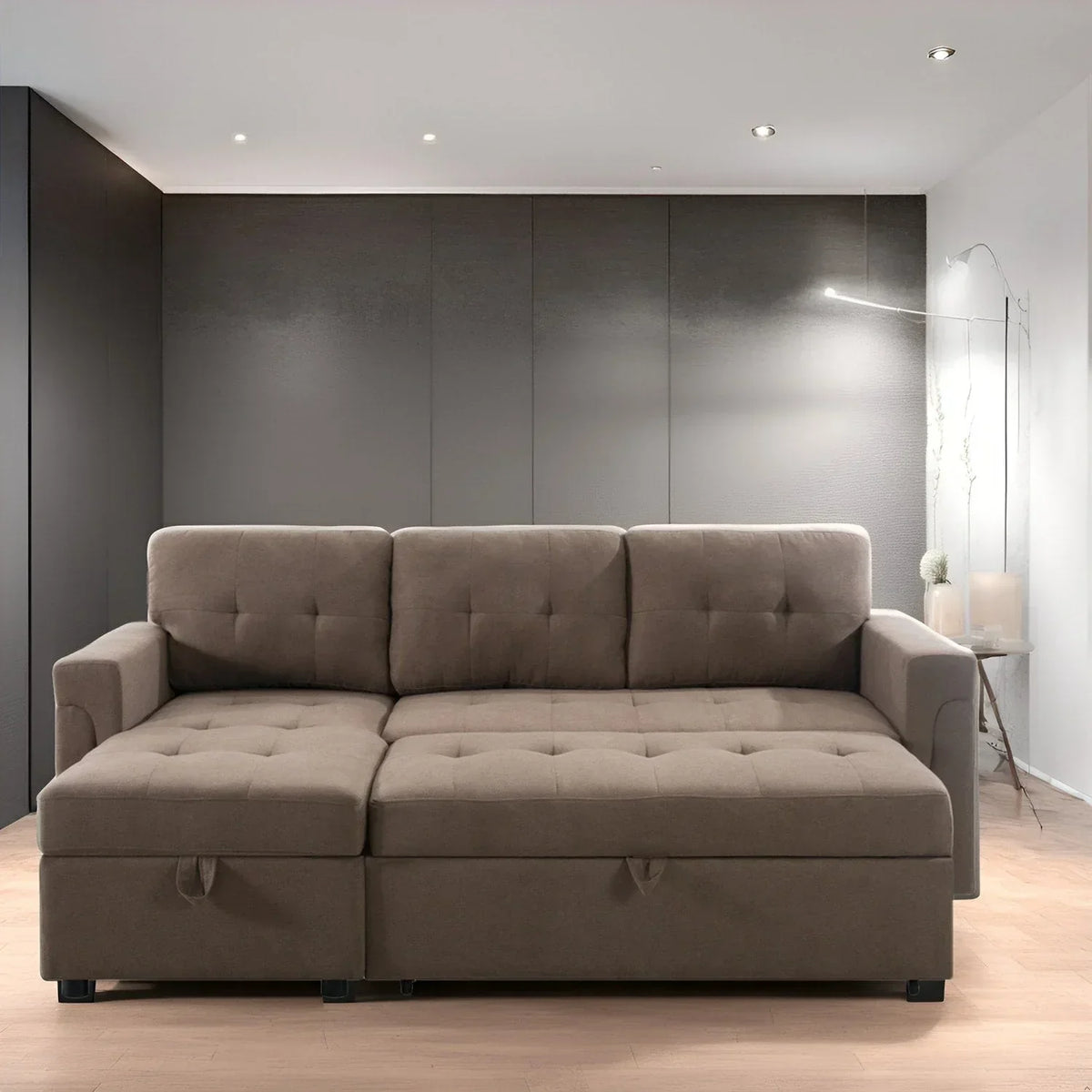 Divano componibile reversibile trasformabile con letto estraibile, chaise longue con contenitore nascosto e gambe resistenti