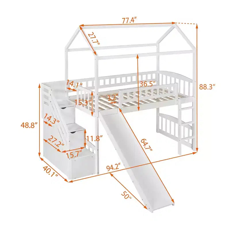 Twin House Loft Bed with Slide and Stairs, Loft Bed with Storage Drawers, Wood Cabin Loft Bed for Kids Toddlers