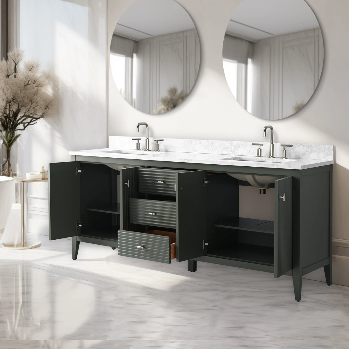 Vanity Art 72 badkamermeubel met dubbele wastafel en blad van composietmarmer