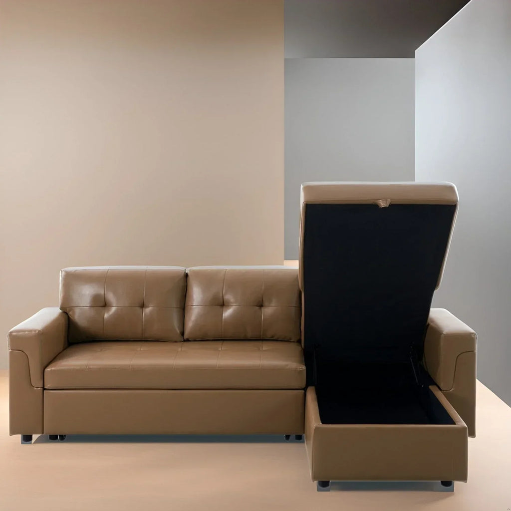 Divano componibile reversibile trasformabile con letto estraibile, chaise longue con contenitore nascosto e gambe resistenti