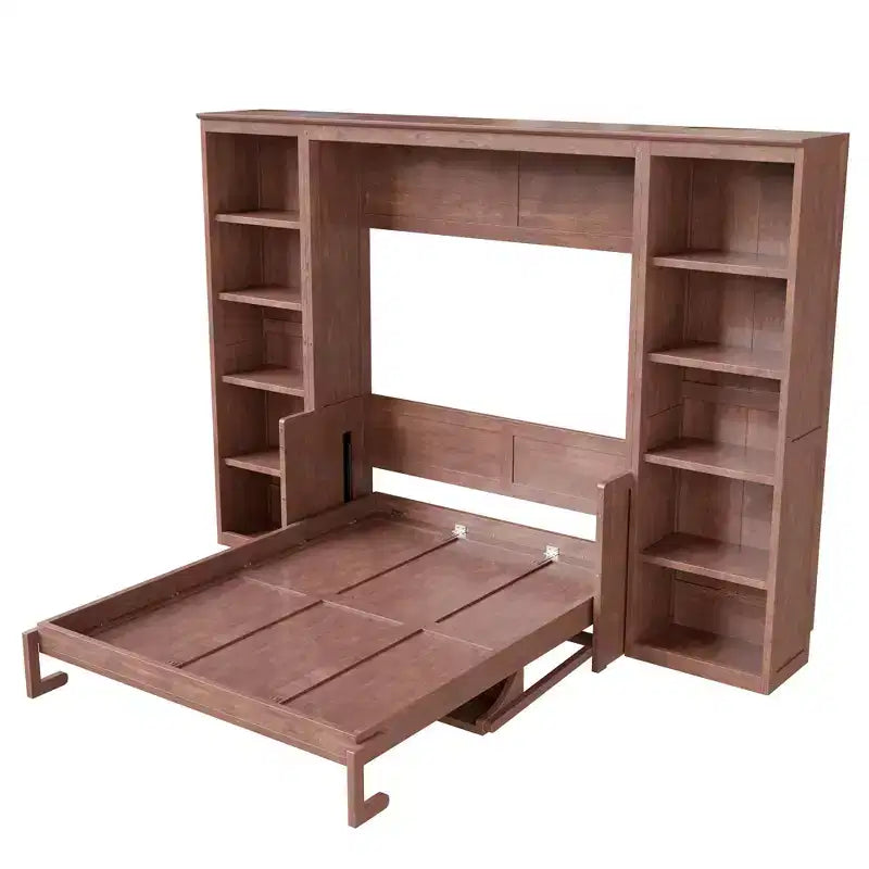 Letto a scomparsa Murphy matrimoniale/queen salvaspazio con scrivania e libreria, marrone scuro - ModernLuxe