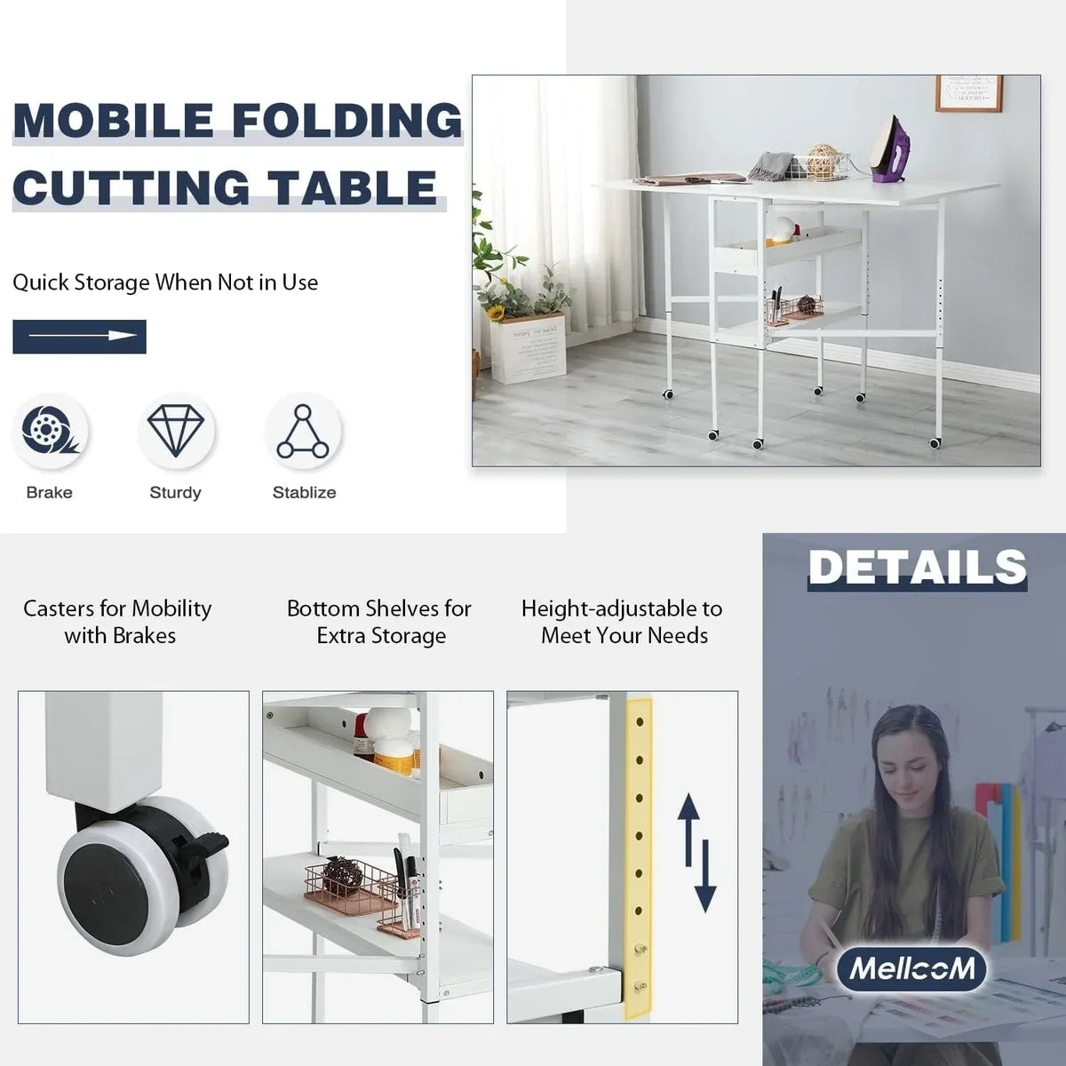 Tavolo da lavoro per hobbistica regolabile in altezza con ripiani contenitori, tavolo da taglio pieghevole e mobile per ufficio domestico, stanza da cucito o stanza creativa