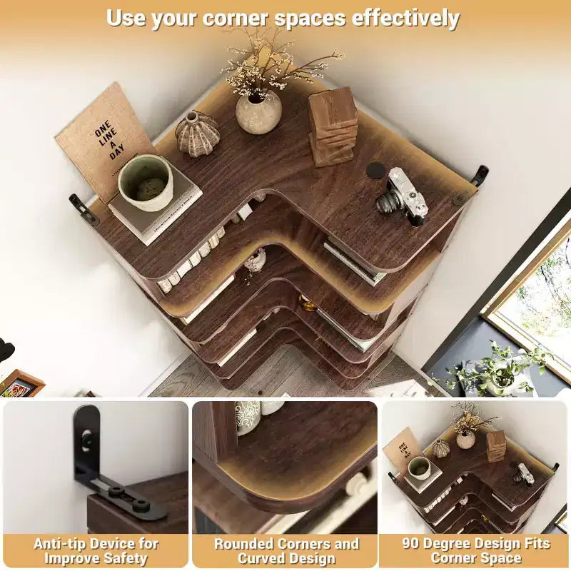 6-tier Corner Bookshelf, Space-saving Display Shelving Unit