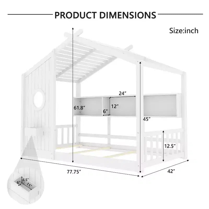 Twin/Full Size House Platform Bed Frame Toddler Floor Bed Kids Montessori Bed Playhouse Bed with Storage Shelf - ModernLuxe