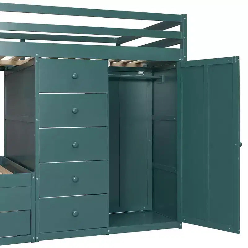 Full over Full Bunk Bed with Storage Wardrobe and Drawers, Full Size Wood Space-Saving Bunk Bed with Guardrail for Apartment, Bedroom