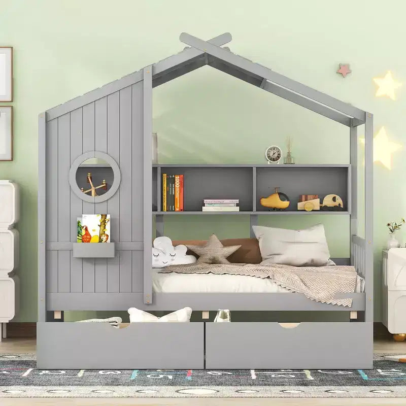 Holzhausbett in Twin-/Full-Größe mit 2 Schubladen, Kinderbett mit Ablagefach – ModernLuxe