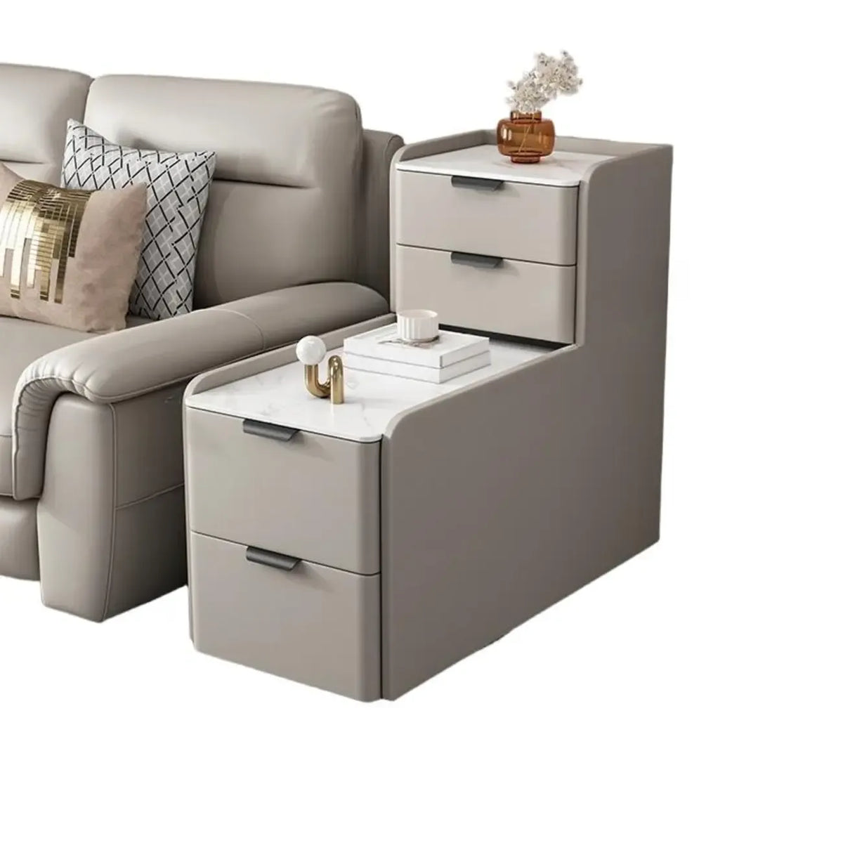 Tavolino laterale alto per divano, in legno a forma di L, con 4 cassetti e piano effetto pietra