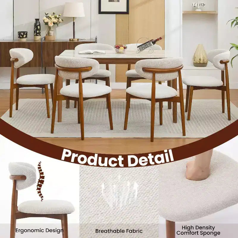 Set van 4 eetkamerstoelen, modern gestoffeerd ontwerp uit het midden van de eeuw, landelijke keukenstoelen met gewatteerde stoffen zitting en houten poten, beige