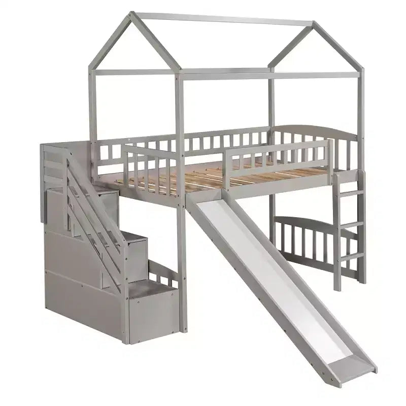 Twin House Loft Bed with Slide and Stairs, Loft Bed with Storage Drawers, Wood Cabin Loft Bed for Kids Toddlers