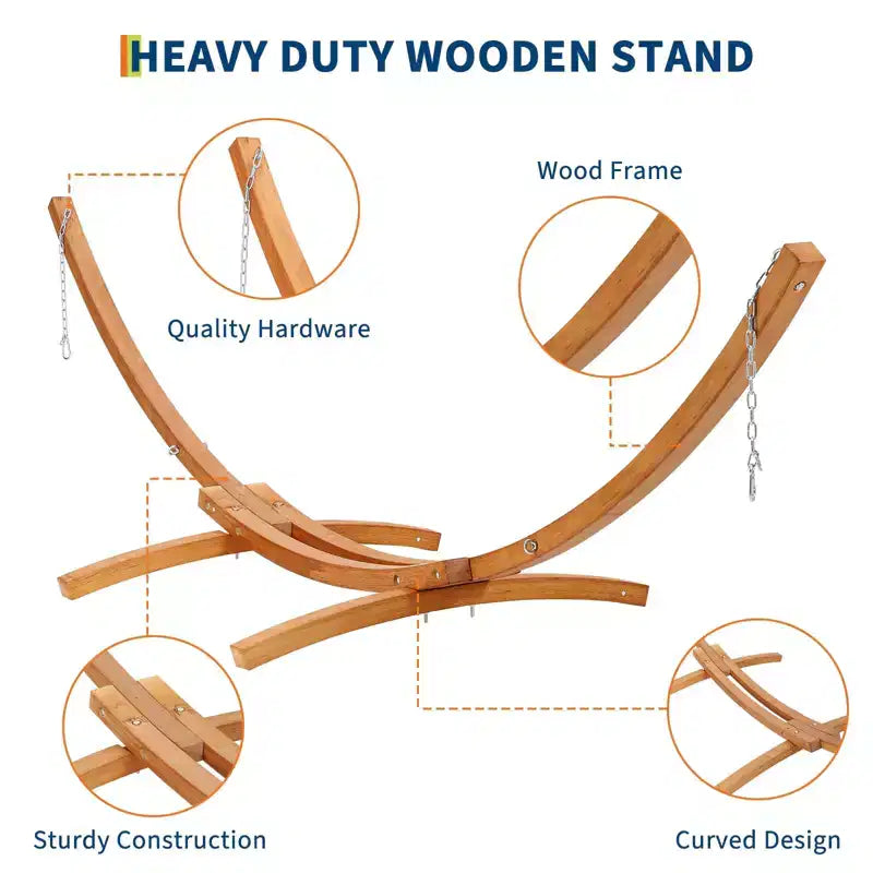 Hangmatstandaard, robuuste universele houten standaard voor buiten, weerbestendig, gebogen, draagvermogen 475 lb, voor terras, achtertuin en binnen