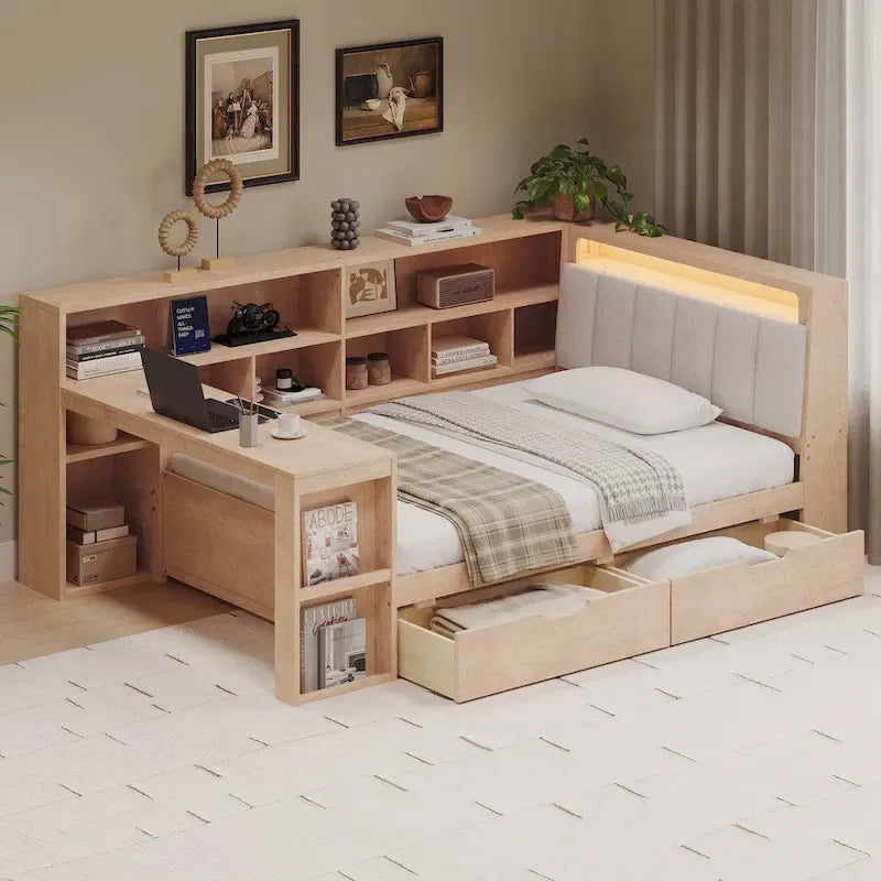 L-förmiges Holz-Sofa-Tagesbett mit Schreibtisch, Bücherregal-Schrank, Eckbett mit Schubladen unter dem Bett, gepolstertem Kopfteil und integrierter Beleuchtung
