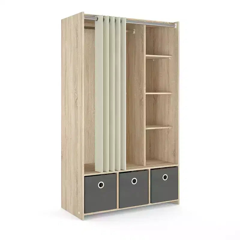 Tvilum, guardaroba Lola a 3 vani con tenda, struttura in rovere/tessuto naturale/tessuto grigio