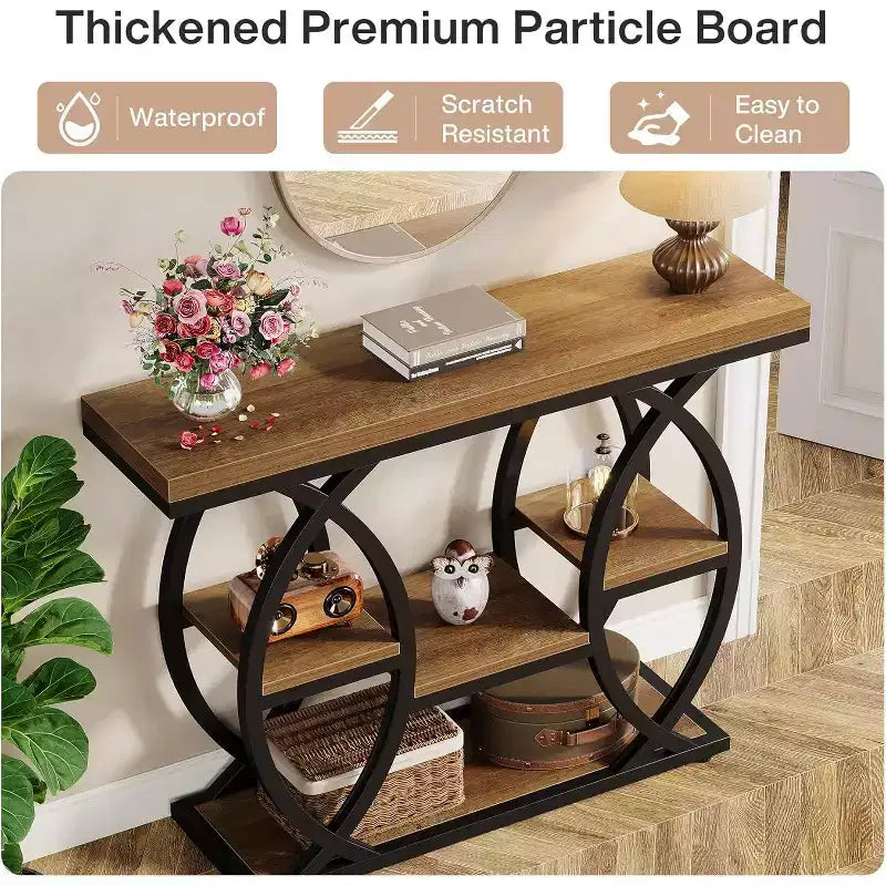 Lantine 39.4 Console Table, Industrial 4-Tier Sofa Table Entryway Table with Storage Shelves and Metal Frame for Small Spaces, Hallway, Foyer, Brown