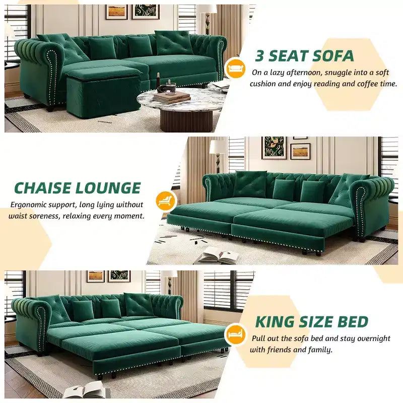 Whisen Samt-Schlafsofa in King-Size mit Ausziehfunktion und 3-in-1-Funktion, wandelbares Schlafsofa mit beweglichem Hocker und Steppdesign