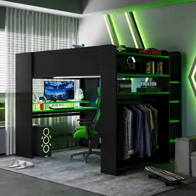 Luxystar Full Size Loft Bed With Lighted Adjustable Desk, Open Wardrobe and Bookcase