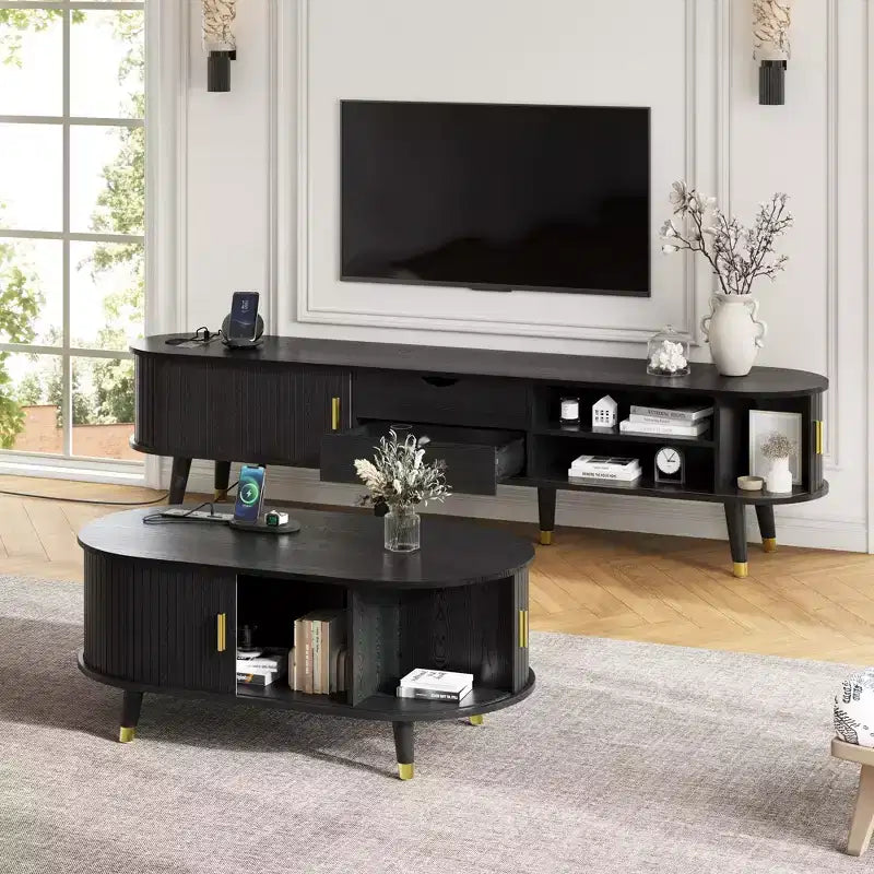 CLIHOME TV-Schrank und Couchtisch-Set aus Holz im Landhausstil mit Ladestation, ovale geriffelte Medienkonsole für Fernseher bis zu 80