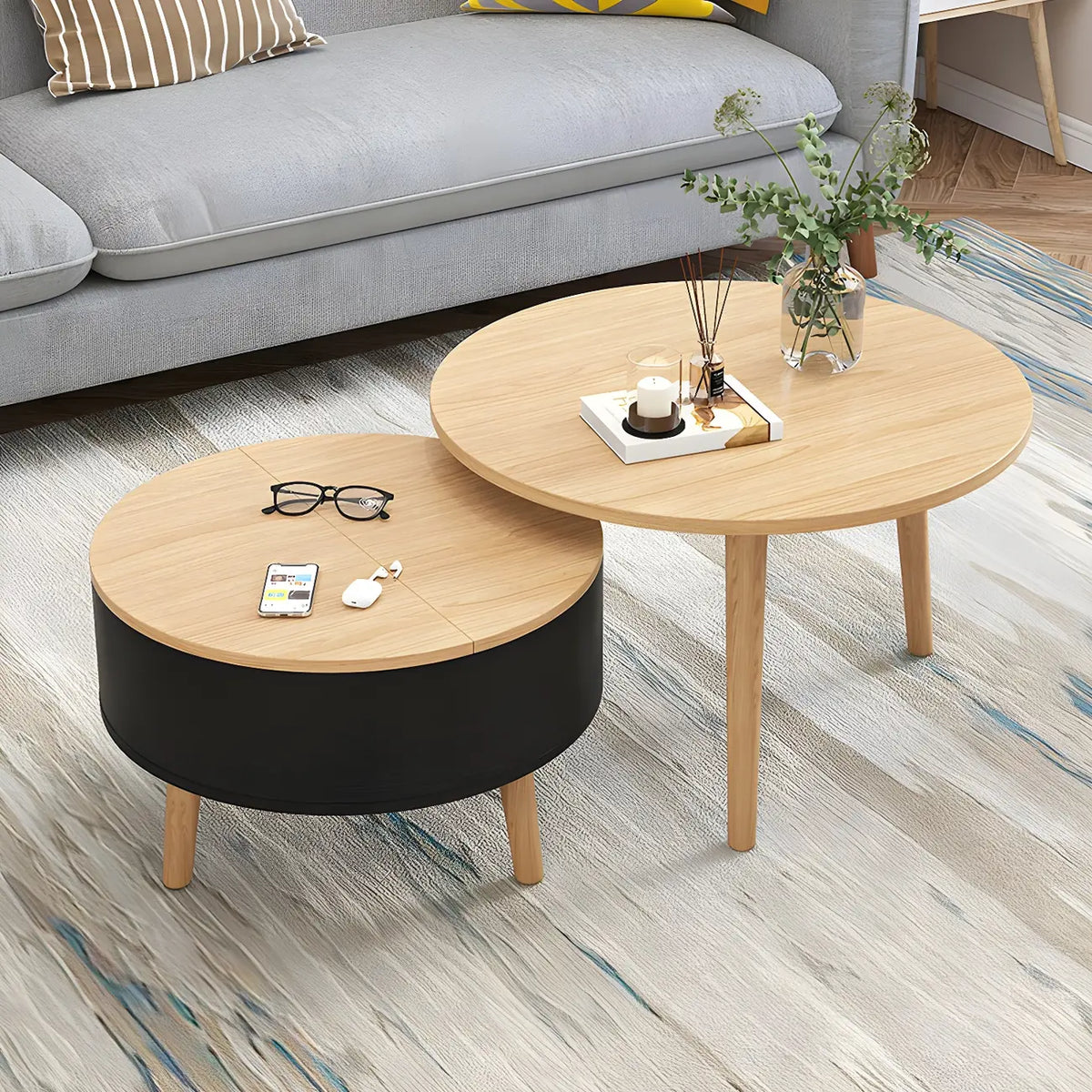 Black White Modern Round Wood Coffee Table with Storage
