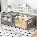 Bellemave Kids Floor Bed with Heightened Fence and Bookshelf, Wooden Twin Montessori Bed Frame for Girls Boys
