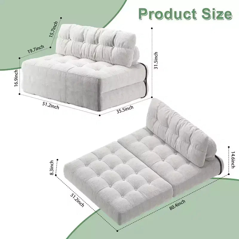 Canapé-lit futon pliant en velours côtelé, fauteuil convertible au sol avec coussin et soutien dorsal, format double