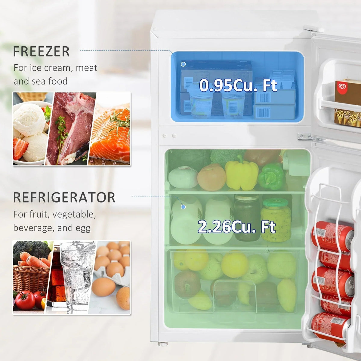 HOMCOM Double Door Mini Fridge with Freezer, 3.2 Cu.Ft Compact Refrigerator with Adjustable Shelf, Adjustable Thermostat