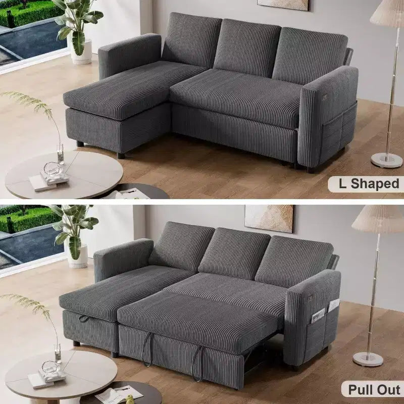 Dyonery 2-in-1-Schlafsofa zum Ausziehen mit Stauraum und Récamiere, Cord-Ecksofa mit USB-Anschlüssen für das Wohnzimmer
