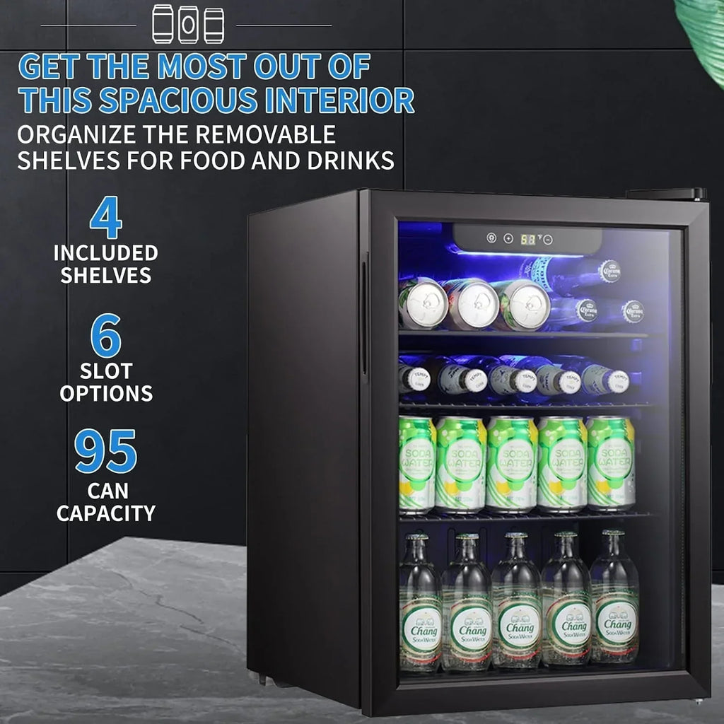 Minikoelkast voor 100 blikjes, drankkoelkast, wijnkoeler, doorzichtige glazen voordeur, klein touchscreen voor dranken - 2,6 cu. ft.
