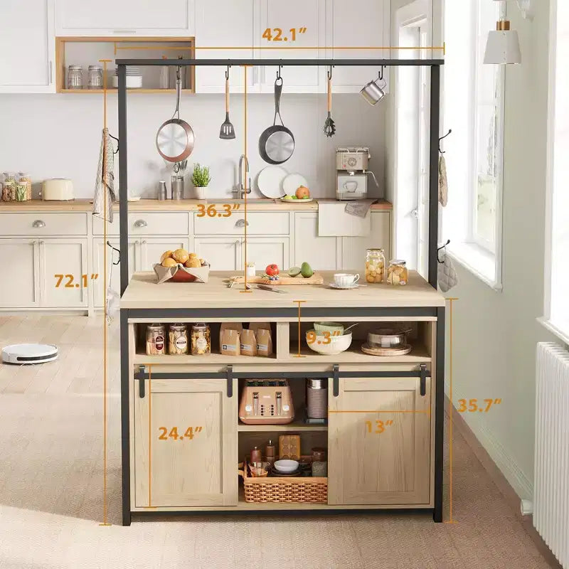 Keukeneiland, bakkersrek met schuifdeur in schuurstijl, groot keukeneiland van 42 inch met magnetronstandaard met 3 niveaus, ovenplanken, koffiebartafelset