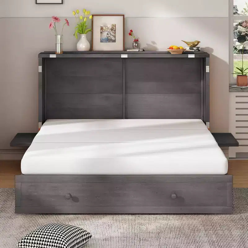 Cama abatible Mjkone tamaño queen, cama tipo armario cúbico con estación de carga y espacio de almacenamiento