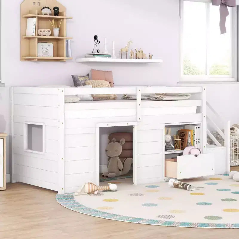 Okak Solid Wood Twin Loft Bed with Stairs & Storage,Low Profile Bunk Beds Twin with Drawers & Shelves,Multi-Functional Loft Beds for Kids,Teens