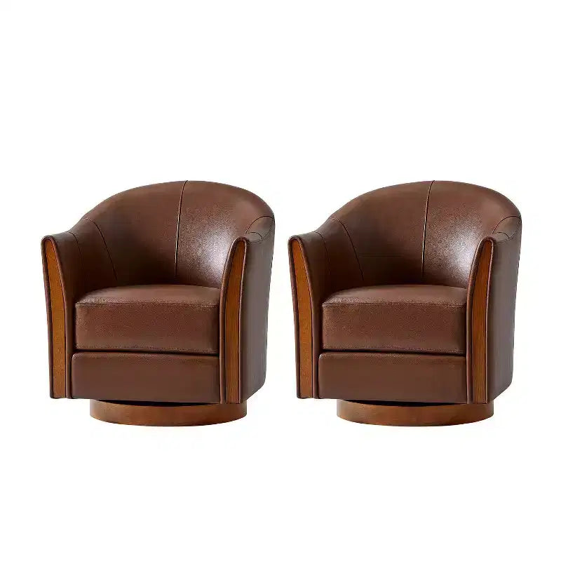 Juego de 2 sillones giratorios tipo barril Pocono de cuero genuino, de estilo transicional, con base de madera maciza, Artful Living Design