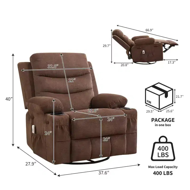 Sillón reclinable mecedor giratorio de 360° extragrande con masaje y calor: silla ergonómica de descanso con portavasos y bolsillos laterales para la sala de estar o el dormitorio infantil