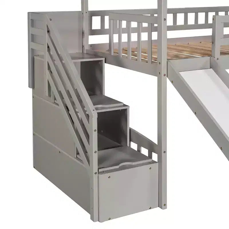 Twin House Loft Bed with Slide and Stairs, Loft Bed with Storage Drawers, Wood Cabin Loft Bed for Kids Toddlers