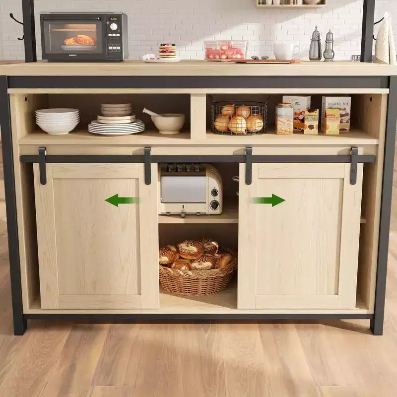 Keukeneiland, bakkersrek met schuifdeur in schuurstijl, groot keukeneiland van 42 inch met magnetronstandaard met 3 niveaus, ovenplanken, koffiebartafelset