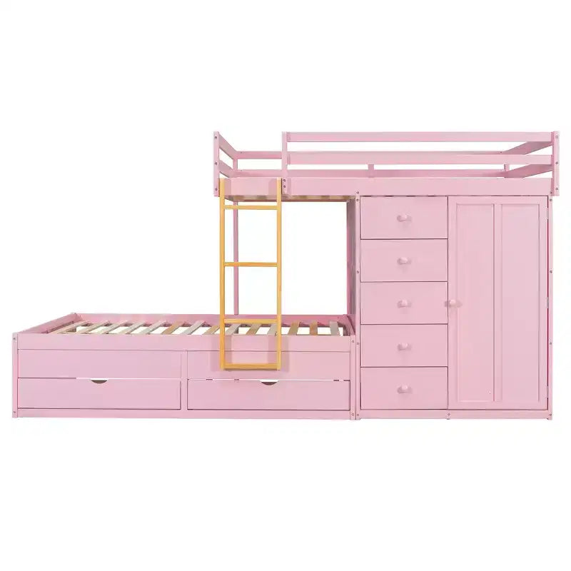 Full over Full Bunk Bed with Storage Wardrobe and Drawers, Full Size Wood Space-Saving Bunk Bed with Guardrail for Apartment, Bedroom