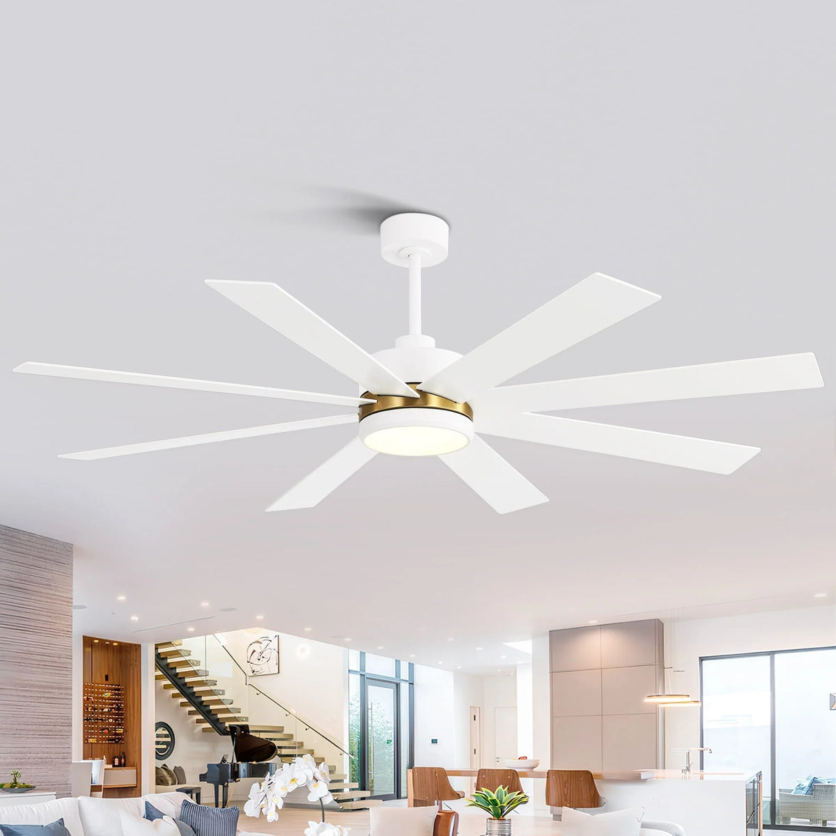 Ventilador de techo negro de 65 pulgadas con 8 aspas, luz y control remoto
