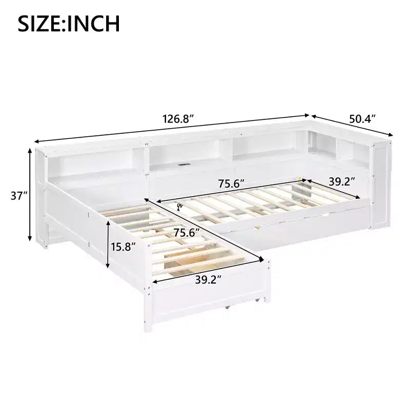L-förmiges Plattformbett in Twin-Größe mit Ausziehbett und Ladestation, Holzbettrahmen mit Bücherregal