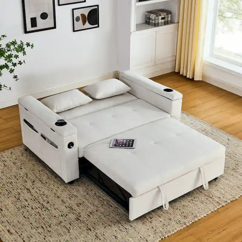 Sofa rozkładana 54, 2-osobowa sofa z funkcją spania i rozkładanymi fotelami, schowkiem, poduszką lędźwiową i gniazdem USB