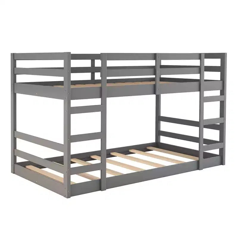 Low Bunk Bed , Wooden Floor Bunk Bed with Ladder, Bunk Bed with Full Guardrails