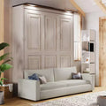 Murphy-bed in queensize met bank, houten kastbed in queensize met ledverlichting, opklapbaar wandbed voor de logeerkamer, beige