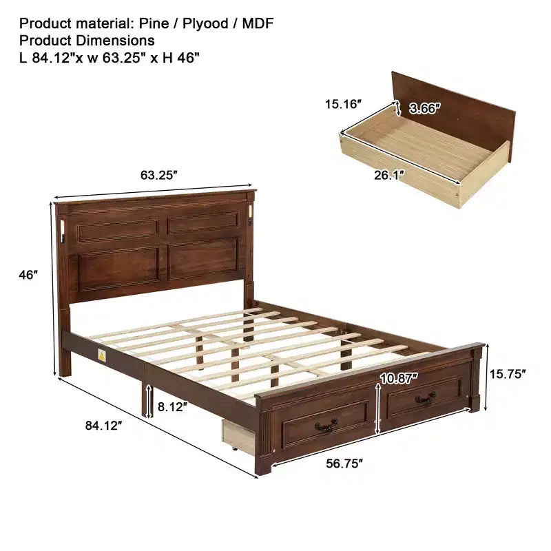 ModernLuxe platformbed voor eenpersoons- of tweepersoonsformaat met hoog hoofdbord, rustiek houten bedframe met 2 laden, ledverlichting en USB-poorten