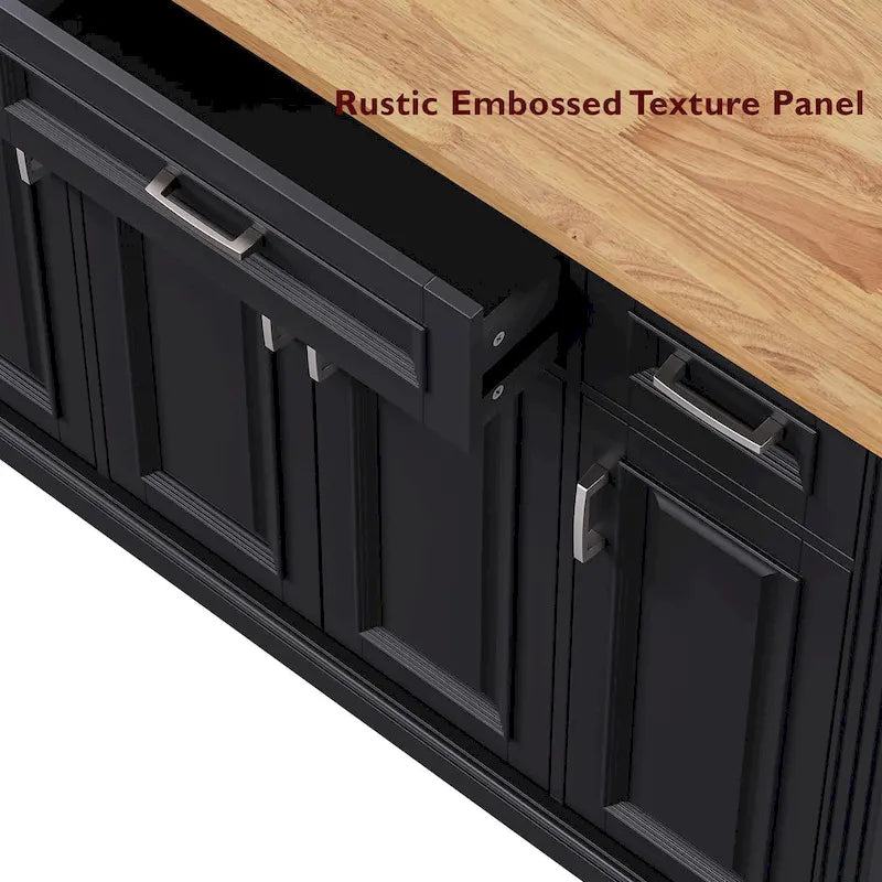 54  Large Kitchen Island with Rubber Wood Drop Leaf, Embossed Texture Rolling Kitchen Cart on 4 Wheels with 4 Doors & 3 Drawers