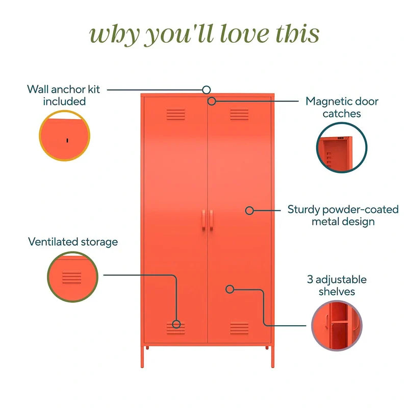 Orange / Pink 2-Door Tall Metal Locker Storage Cabinet, 1-Person