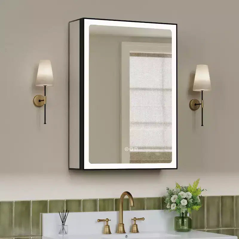 Bathroom Medicine Cabinet with LED Mirror, Surface or Recessed Mount, Dimmable Light, Anti-Fog, Adjustable Shelving