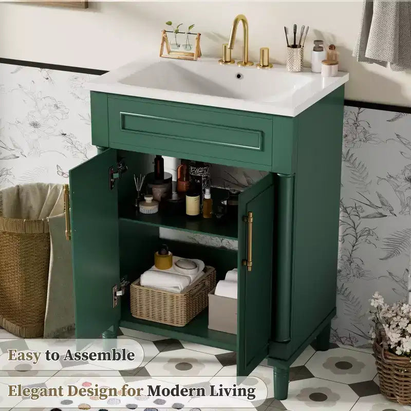 Mobile da bagno da 24 pollici con lavabo in ceramica, mobile in stile Shaker, 2 ante a chiusura ammortizzata, struttura in legno massello per bagno piccolo o bagno di servizio