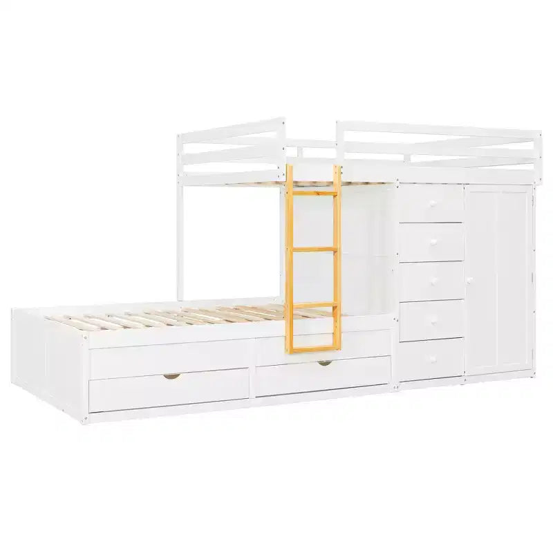 Full over Full Bunk Bed with Storage Wardrobe and Drawers, Full Size Wood Space-Saving Bunk Bed with Guardrail for Apartment, Bedroom